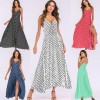 Sexy Women Maxi Dress Dot Print High Split Spaghetti Strap Deep V Neck Sundress Beach Long Dress Red