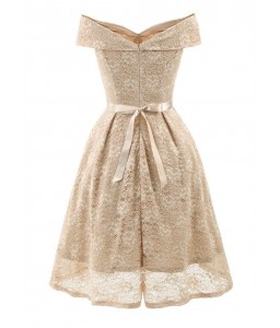 Women Lace Skater Dress Off the Shoulder Bow Pleated A-Line Bridesmaid Evening Party Gown Dress