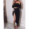 Sexy Women Off Shoulder Two Piece Set Long Sleeve Tie Side Slit Asymmetric Party Club Dress Crop Top + Skirt with Choker