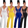 Women Wide Leg Jumpsuit Deep V Neck Hollow Out Crocheted Lace High Waist Casual Playsuit Rompers