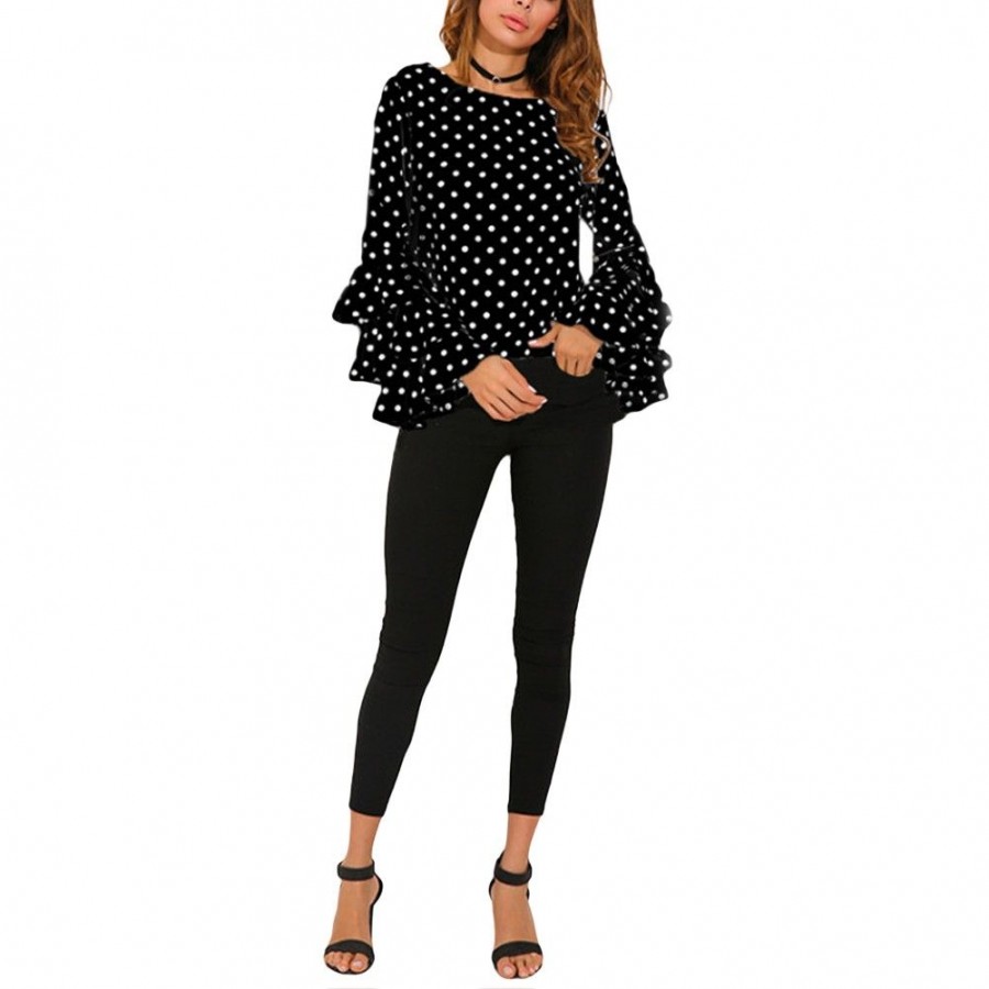 Women Polka Dot Ruffle Blouse Top Long Sleeves O-Neck Elegant Casual Shirt Black