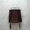  Women Off Shoulder Blouse Shirt Lace Up Cut Out Long Sleeve Tie Cuff Streetwear Top Coffee/Red