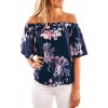 Women Sexy Summer Tops Floral Print Off Shoulder Slash Neck Flare Sleeve Asymmetric Blouse Dark Blue