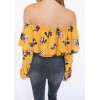 Fashion Women Floral Print Blouse Crop Top Off Shoulder Ruffles Lantern Long Sleeve Loose Blouse Yellow